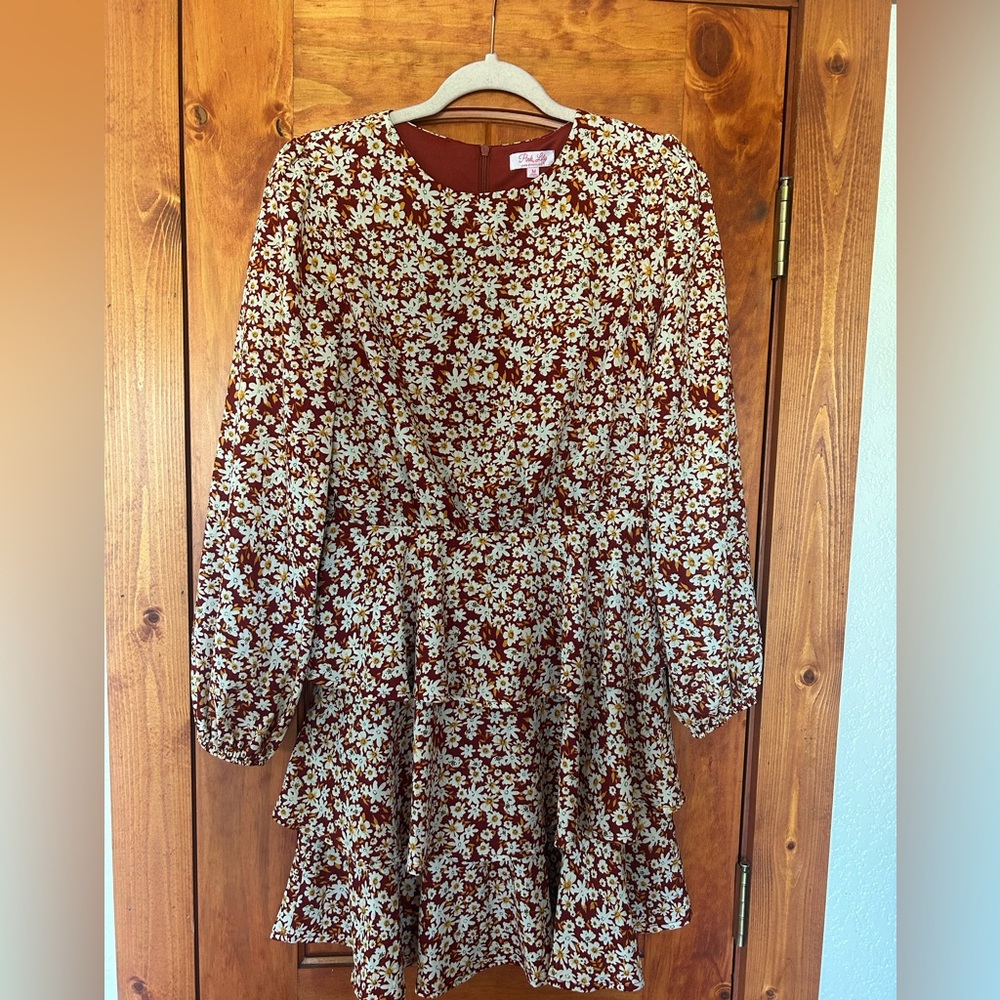 Pink Lily Floral Long Sleeve Dress in Burgundy and Cream